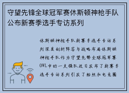 守望先锋全球冠军赛休斯顿神枪手队公布新赛季选手专访系列